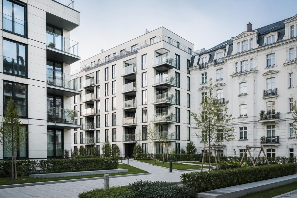 Moderne Wohnanlage mit Innenhof neben einem Altbau in Düsseldorf